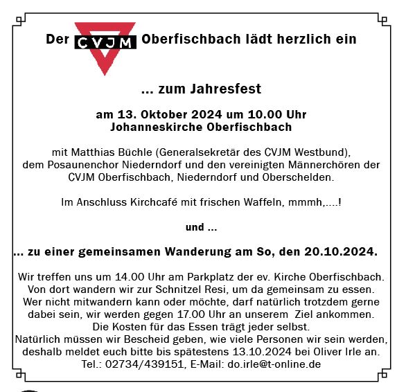 Jahresfest des CVJM Oberfischbach mit Matthias Büchle (Generalsekretär CVJM Westbund)
