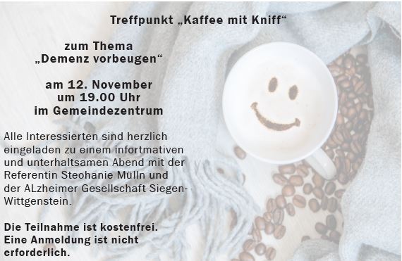 Treffpunkt "Kaffee mit Kniff" - Thema "Demenz vorbeugen"